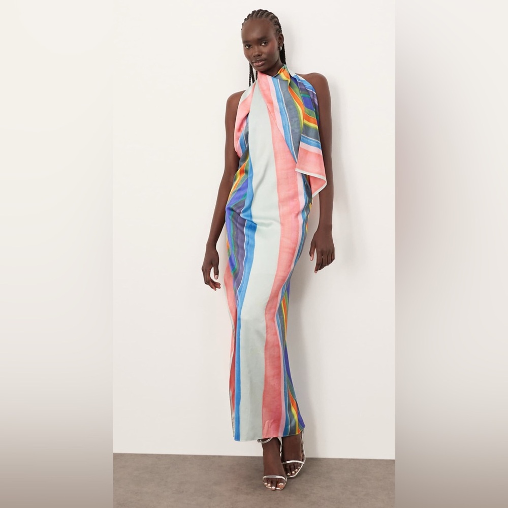 ARRANGE satin high neck drape maxi dress in painterly stripe
